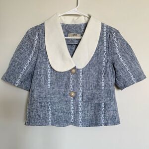 Hot Fashion Vintage Blue and White Patterned Blouse Size Large